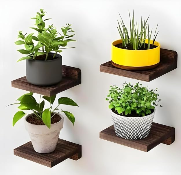 YashCrafts Wooden Wall Mounted Plant Shelf Set of 4 | Decorative Floating Wall Shelves for Indoor Plants, Home Decor, Living Room, Bedroom & Balcony (Dark Brown)