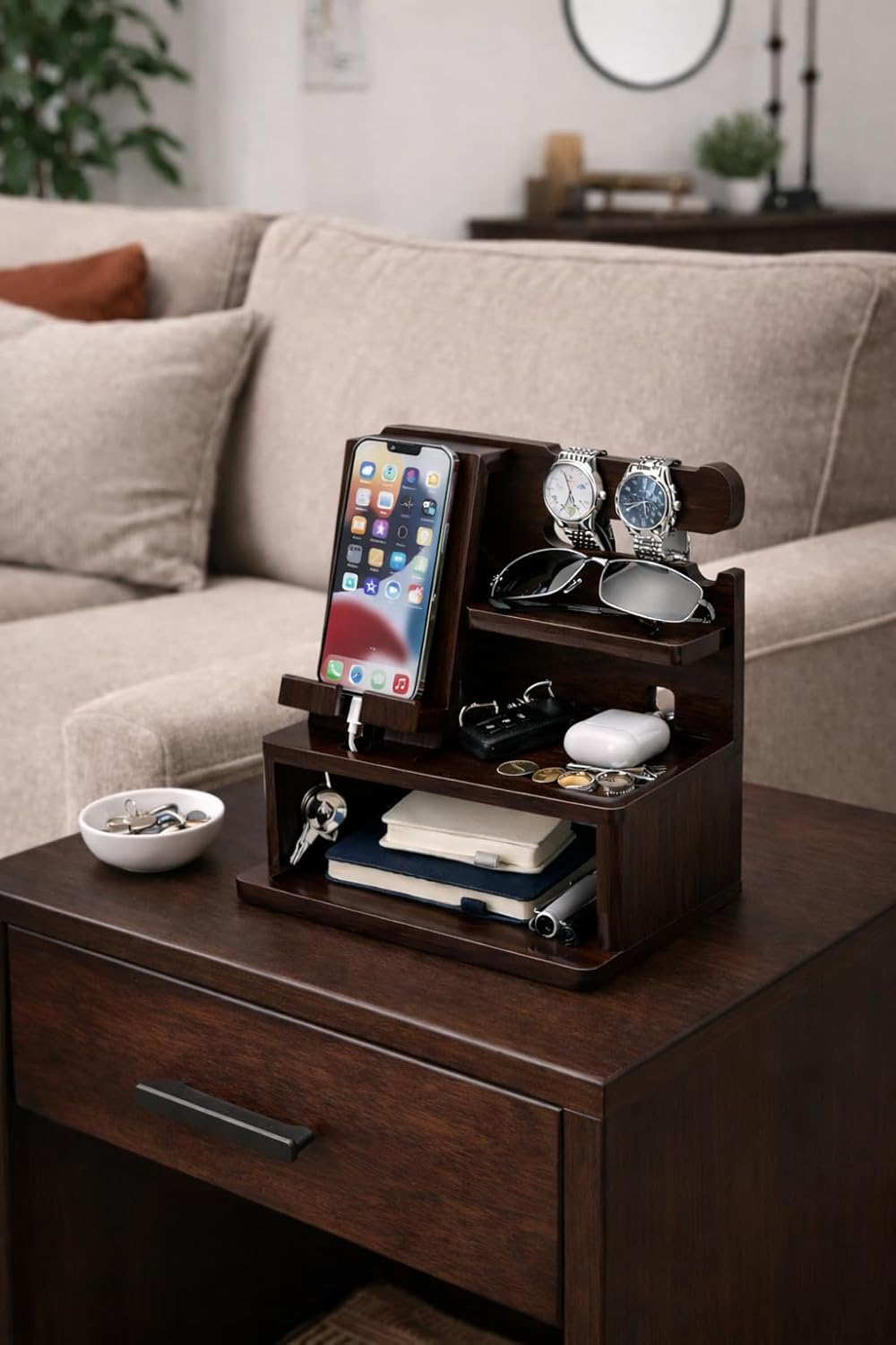 YashCrafts Wooden Desk Organizer with Mobile Stand & Watch Holder | Multipurpose Tabletop Storage Rack for Wallet, Keys, Glasses & Accessories | Brown Glossy Finish