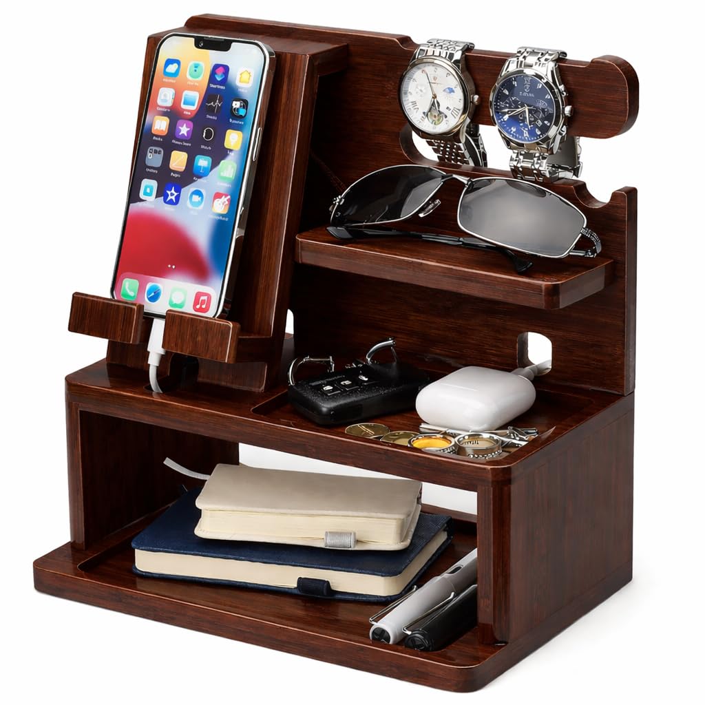 YashCrafts Wooden Desk Organizer with Mobile Stand & Watch Holder | Multipurpose Tabletop Storage Rack for Wallet, Keys, Glasses & Accessories | Brown Glossy Finish