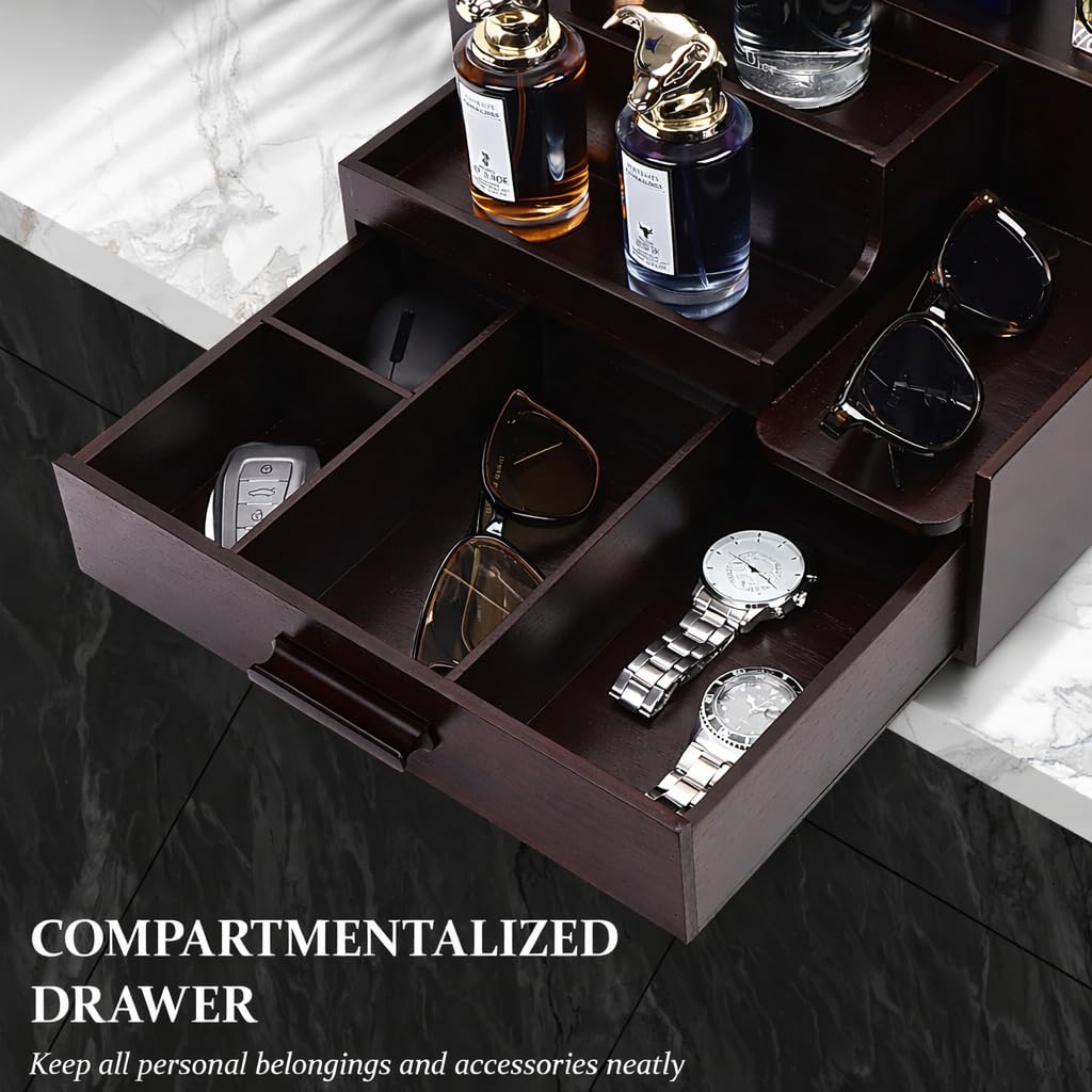 YashCrafts Premium Wooden Valet Tray Organizer with Drawer & Hidden Compartment | Mens Dresser Storage Box for Perfume, Watch, Wallet & Accessories | Dark Brown Glossy Finish (Dark Brown)