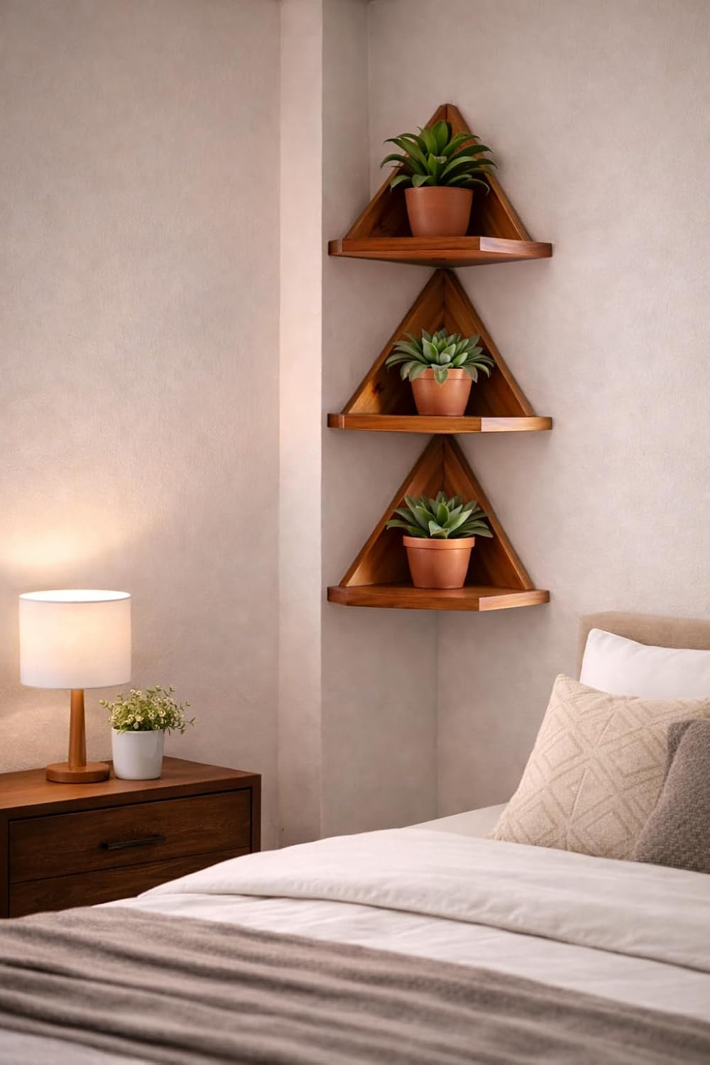 YashCrafts Wooden Corner Wall Shelf (Set of 3) | Triangle Floating Wall Shelves for Living Room, Bedroom & Kitchen | Dark Brown Glossy Finish