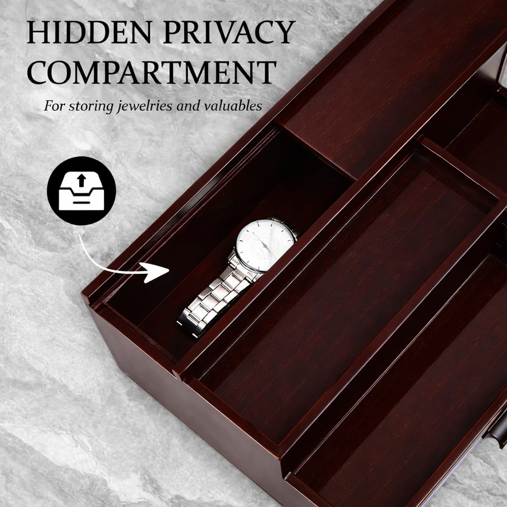 YashCrafts Premium Wooden Valet Tray Organizer with Drawer & Hidden Compartment | Mens Dresser Storage Box for Perfume, Watch, Wallet & Accessories | Dark Brown Glossy Finish (Dark Brown)