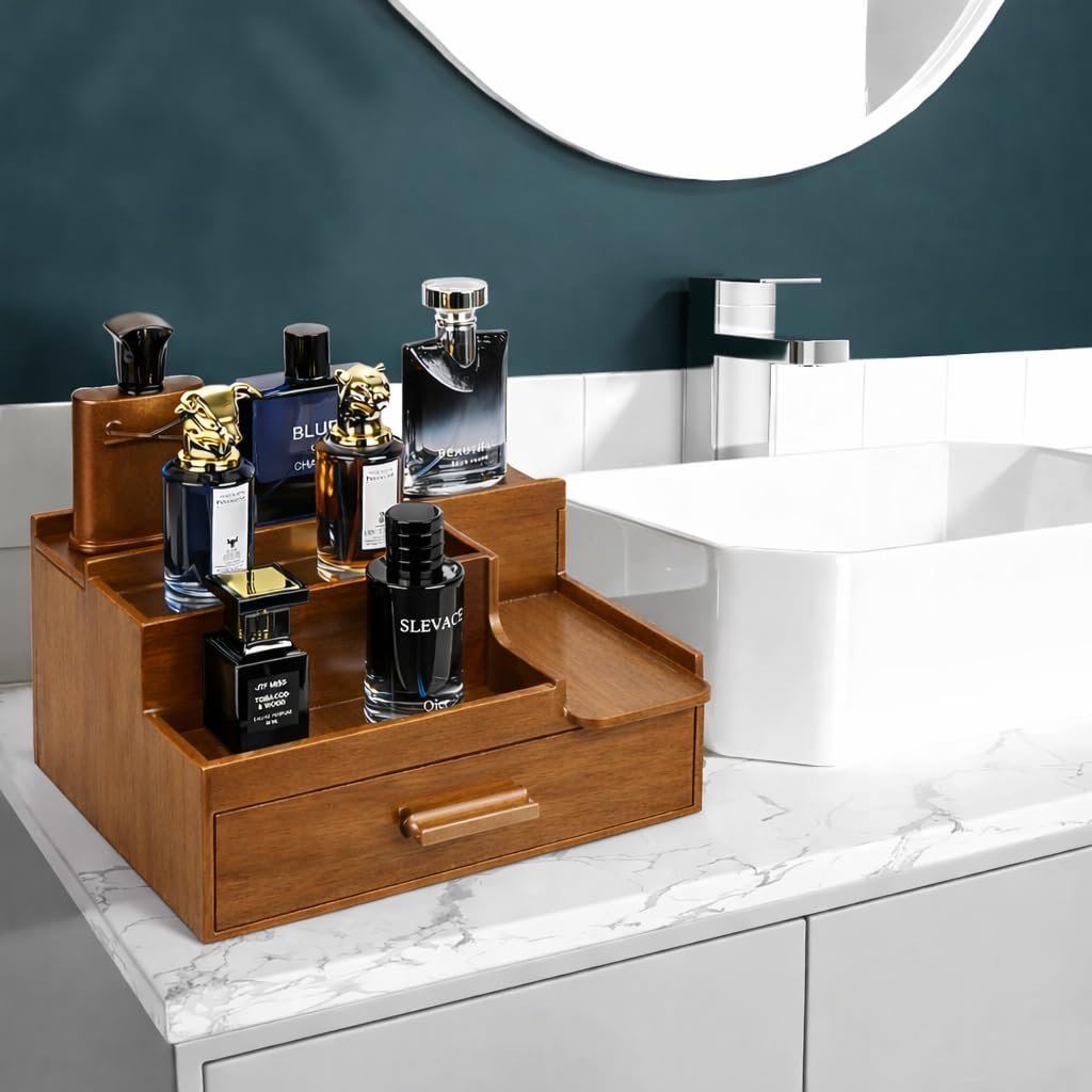 YashCrafts Premium Wooden Valet Tray Organizer with Drawer & Hidden Compartment | Mens Dresser Storage Box for Perfume, Watch, Wallet & Accessories | Dark Brown Glossy Finish (Dark Brown)