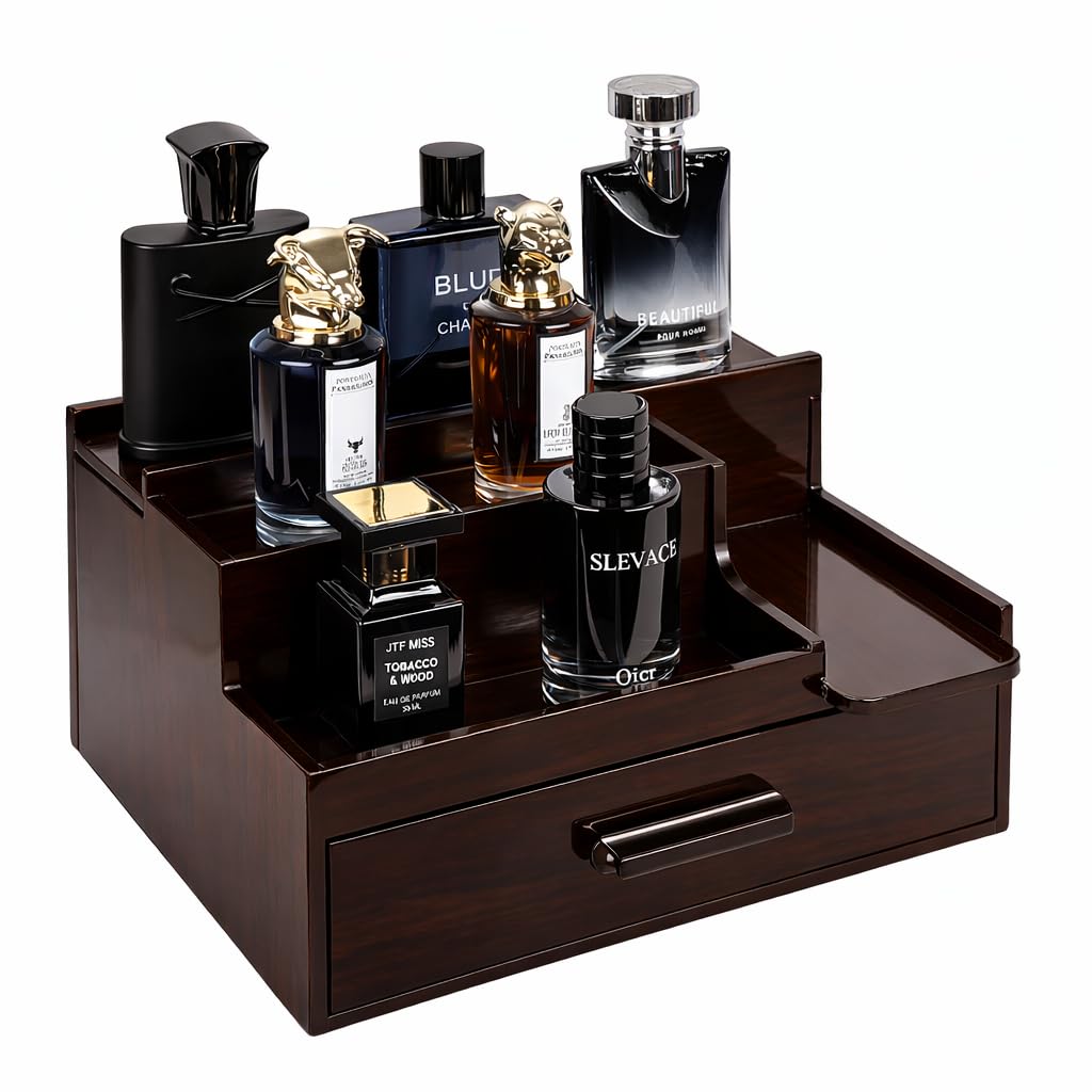 YashCrafts Premium Wooden Valet Tray Organizer with Drawer & Hidden Compartment | Mens Dresser Storage Box for Perfume, Watch, Wallet & Accessories | Dark Brown Glossy Finish (Dark Brown)
