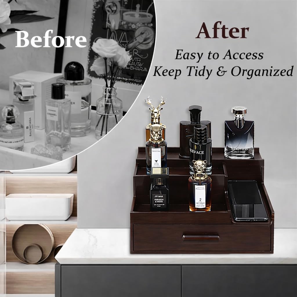 YashCrafts Premium Wooden Valet Tray Organizer with Drawer & Hidden Compartment | Mens Dresser Storage Box for Perfume, Watch, Wallet & Accessories | Dark Brown Glossy Finish (Dark Brown)