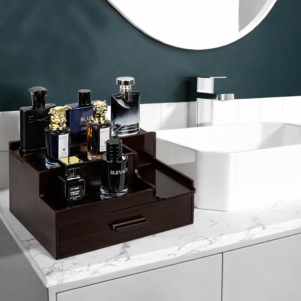 YashCrafts Premium Wooden Valet Tray Organizer with Drawer & Hidden Compartment | Mens Dresser Storage Box for Perfume, Watch, Wallet & Accessories | Dark Brown Glossy Finish (Dark Brown)