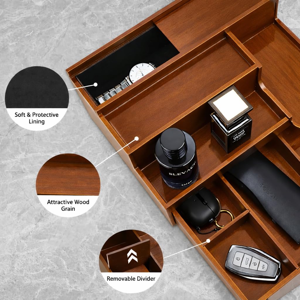 YashCrafts Premium Wooden Valet Tray Organizer with Drawer & Hidden Compartment | Mens Dresser Storage Box for Perfume, Watch, Wallet & Accessories | Dark Brown Glossy Finish (Dark Brown)