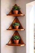 YashCrafts Wooden Corner Wall Shelf (Set of 3) | Triangle Floating Wall Shelves for Living Room, Bedroom & Kitchen | Dark Brown Glossy Finish