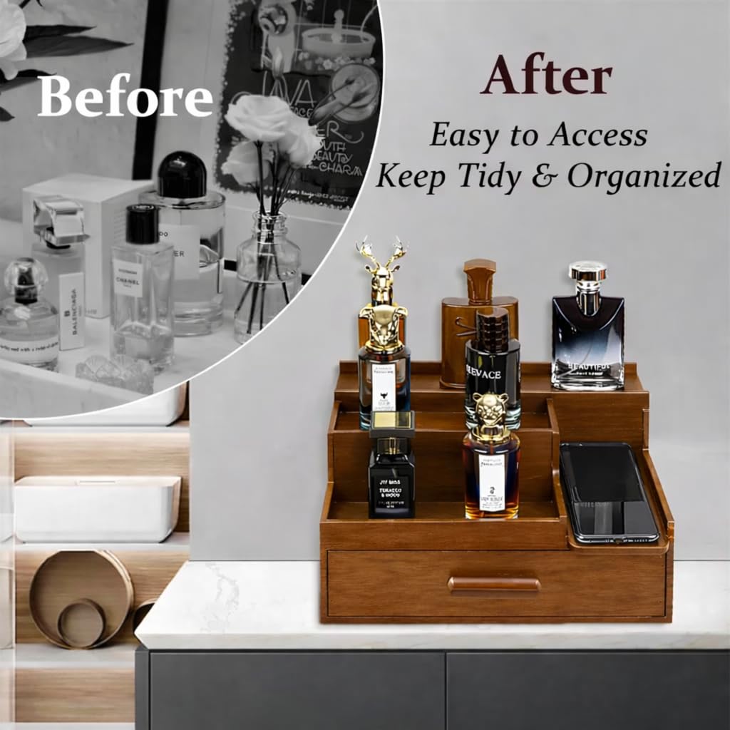 YashCrafts Premium Wooden Valet Tray Organizer with Drawer & Hidden Compartment | Mens Dresser Storage Box for Perfume, Watch, Wallet & Accessories | Dark Brown Glossy Finish (Dark Brown)