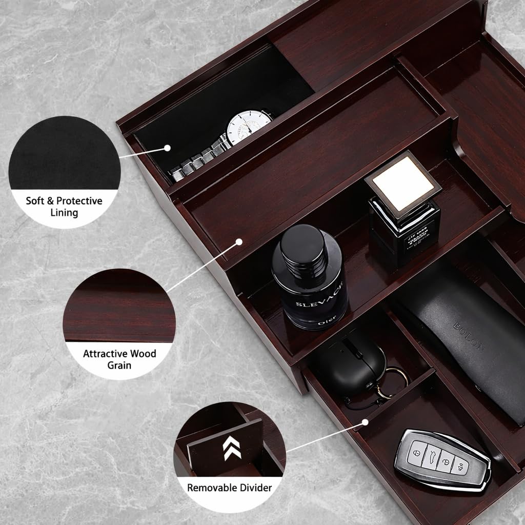 YashCrafts Premium Wooden Valet Tray Organizer with Drawer & Hidden Compartment | Mens Dresser Storage Box for Perfume, Watch, Wallet & Accessories | Dark Brown Glossy Finish (Dark Brown)
