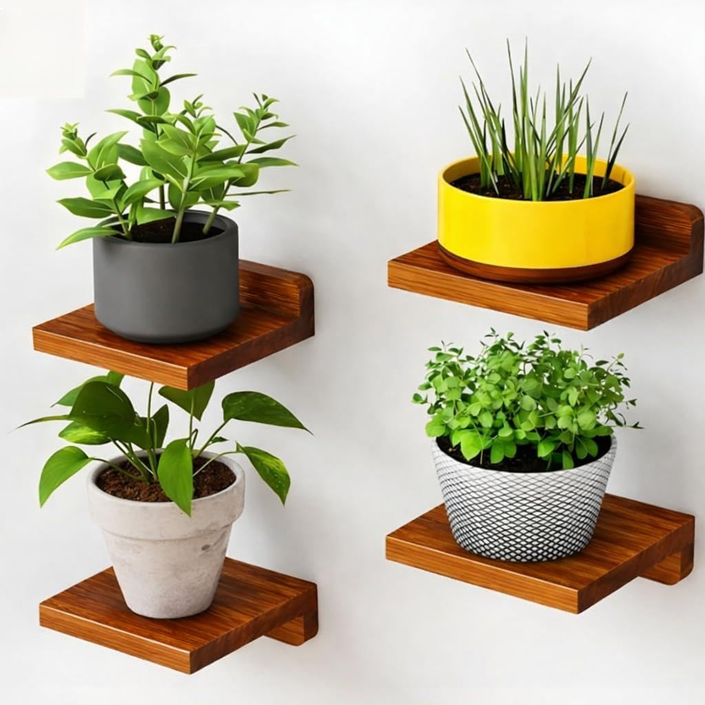 YashCrafts Wooden Wall Mounted Plant Shelf Set of 4 | Decorative Floating Wall Shelves for Indoor Plants, Home Decor, Living Room, Bedroom & Balcony (Dark Brown)