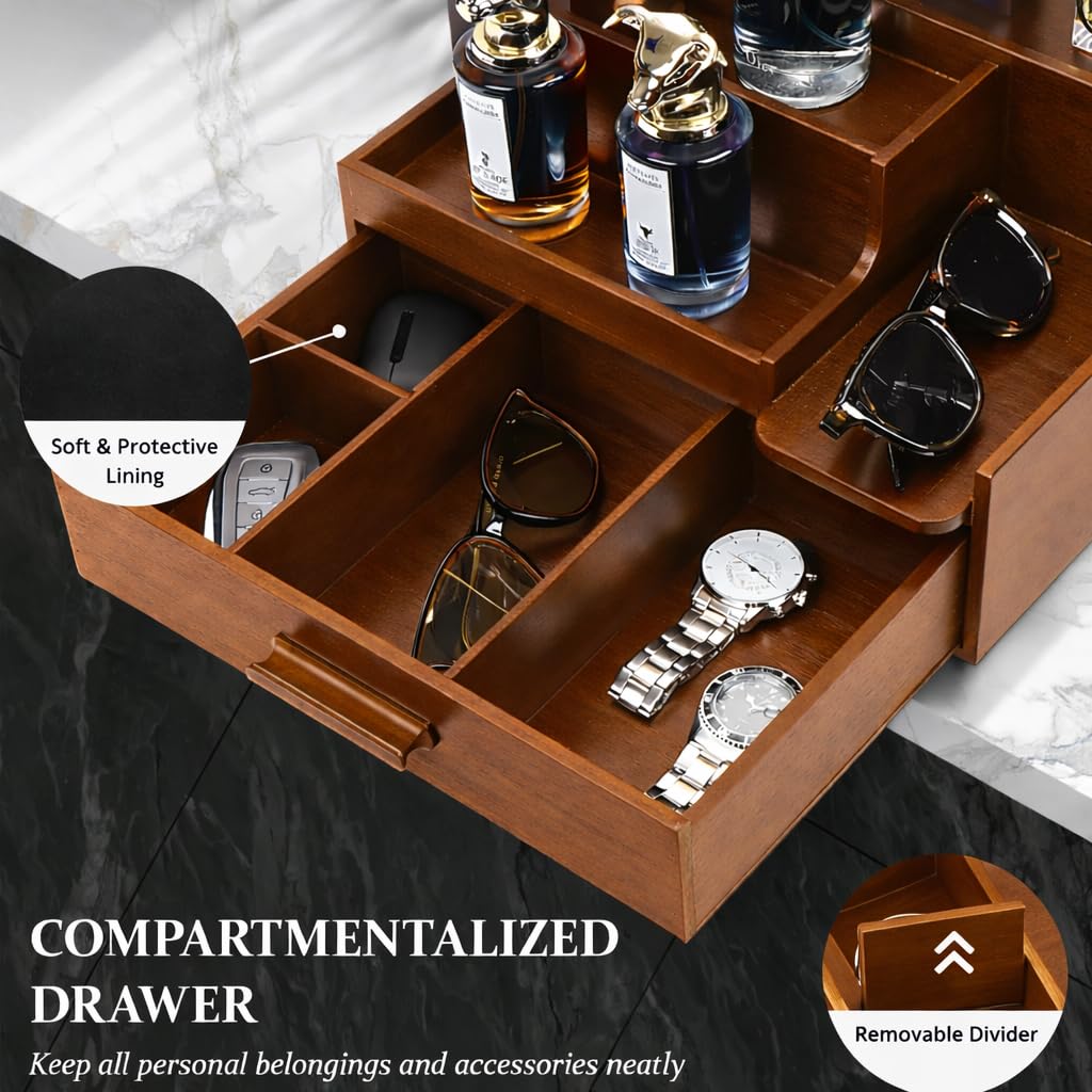 YashCrafts Premium Wooden Valet Tray Organizer with Drawer & Hidden Compartment | Mens Dresser Storage Box for Perfume, Watch, Wallet & Accessories | Dark Brown Glossy Finish (Dark Brown)