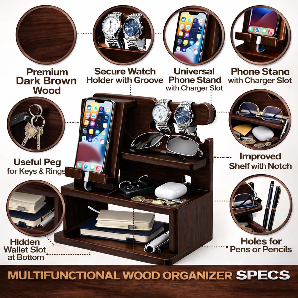 YashCrafts Wooden Desk Organizer with Mobile Stand & Watch Holder | Multipurpose Tabletop Storage Rack for Wallet, Keys, Glasses & Accessories | Brown Glossy Finish