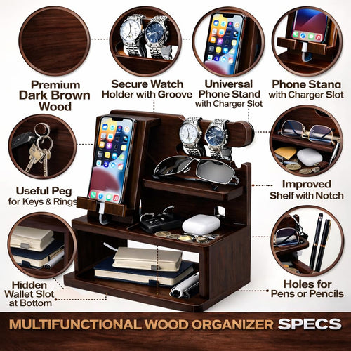 YashCrafts Wooden Desk Organizer with Mobile Stand & Watch Holder | Multipurpose Tabletop Storage Rack for Wallet, Keys, Glasses & Accessories | Brown Glossy Finish