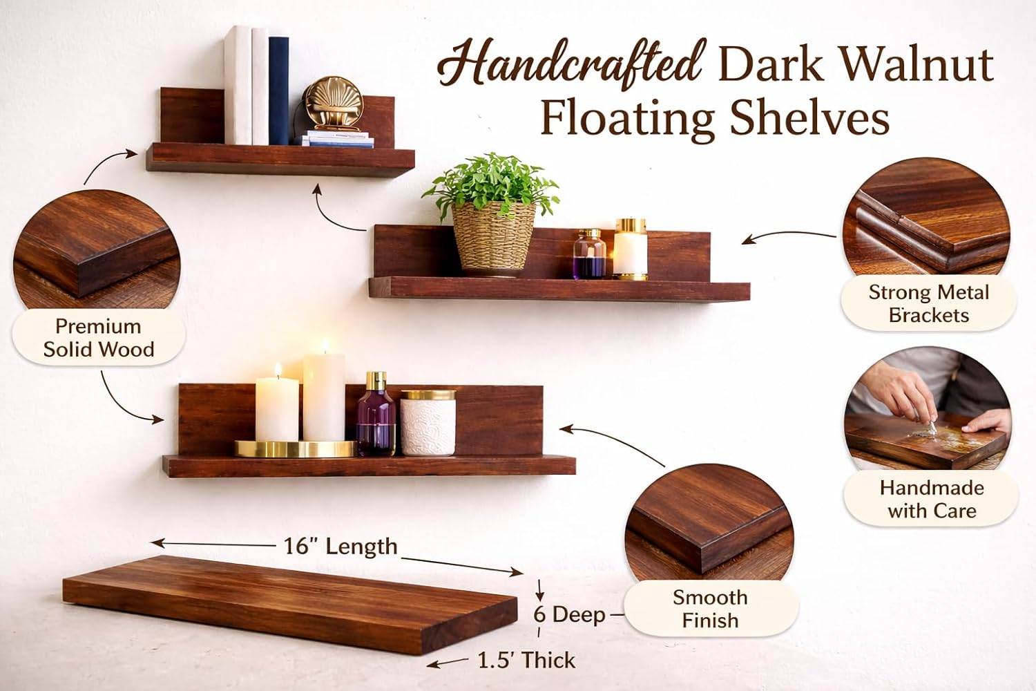 YashCrafts Wooden Floating Wall Shelves Set of 3 | Dark Brown Wall Mounted Storage Rack for Living Room, Bedroom & Bathroom | Solid Wood Decorative Display Shelves