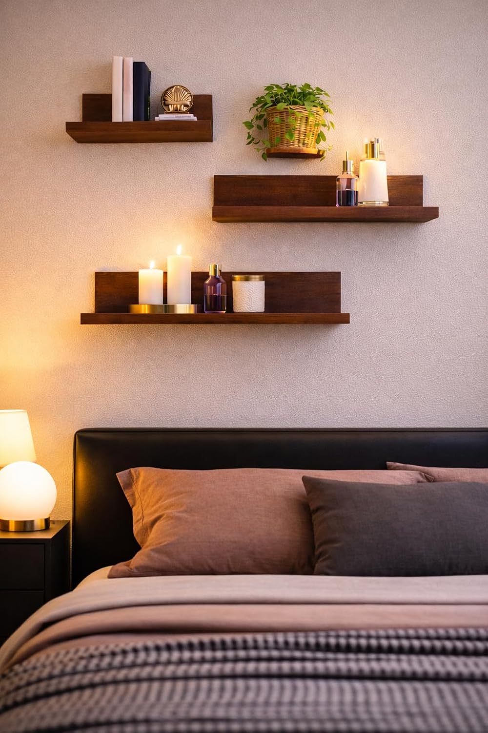 YashCrafts Wooden Floating Wall Shelves Set of 3 | Dark Brown Wall Mounted Storage Rack for Living Room, Bedroom & Bathroom | Solid Wood Decorative Display Shelves